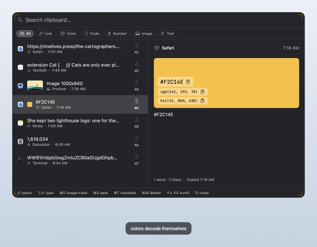 The Frisket clipboard panel with a copied colour selected, previewed as a large swatch with its hex, RGB and HSL values.