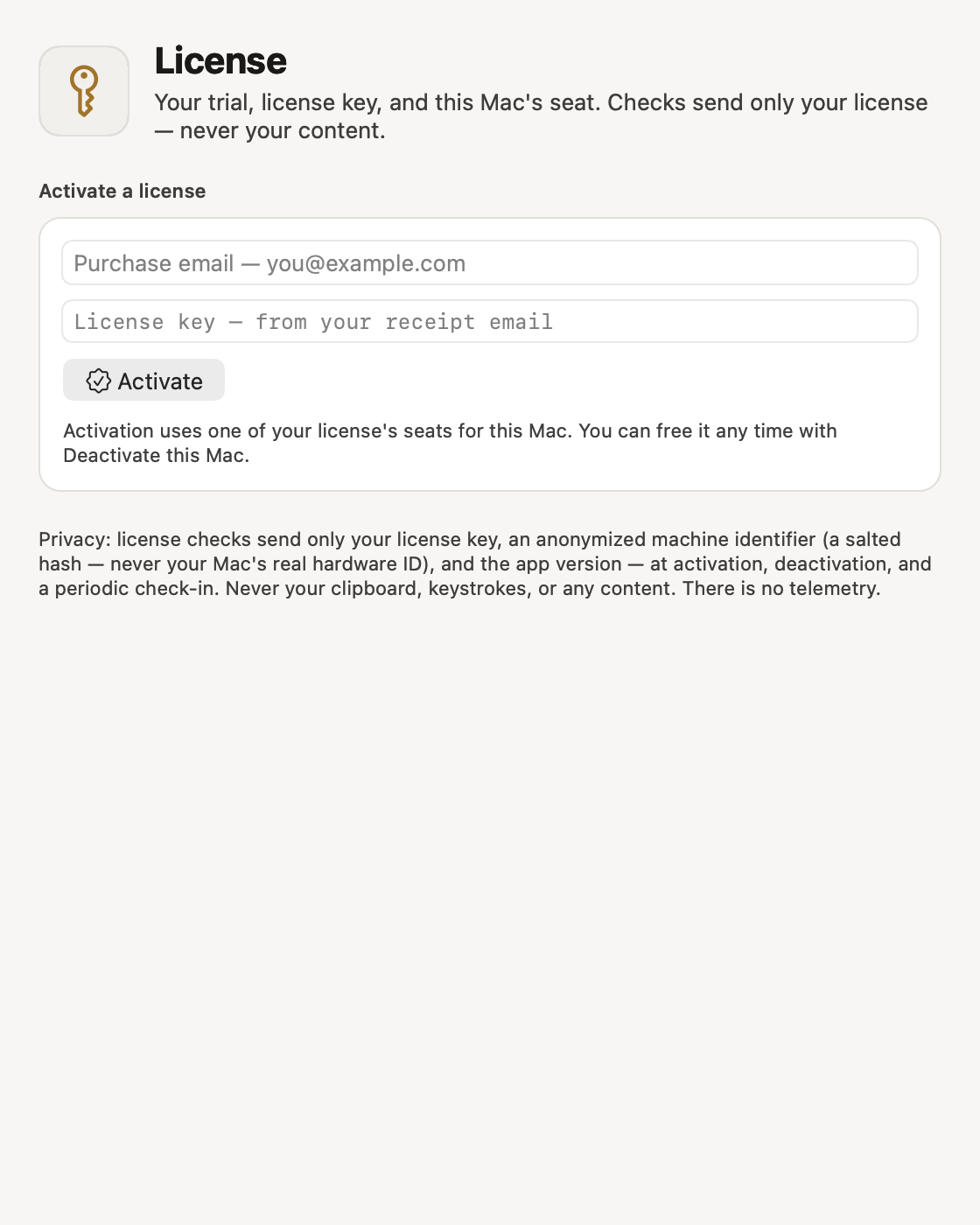 Frisket's License settings pane: fields for the purchase email and the license key from the receipt email, an Activate button, a note that activation uses one of the license's seats and can be freed with Deactivate this Mac, and a privacy statement that license checks send only the key, an anonymized machine identifier, and the app version.